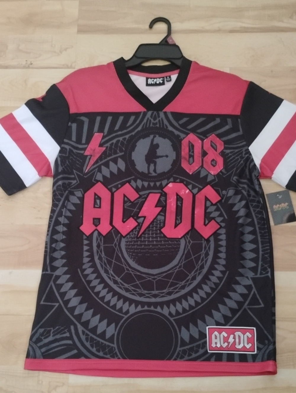AC/DC Black & Red Embroidered Graphic Hockey-Style Jersey. Size S. New